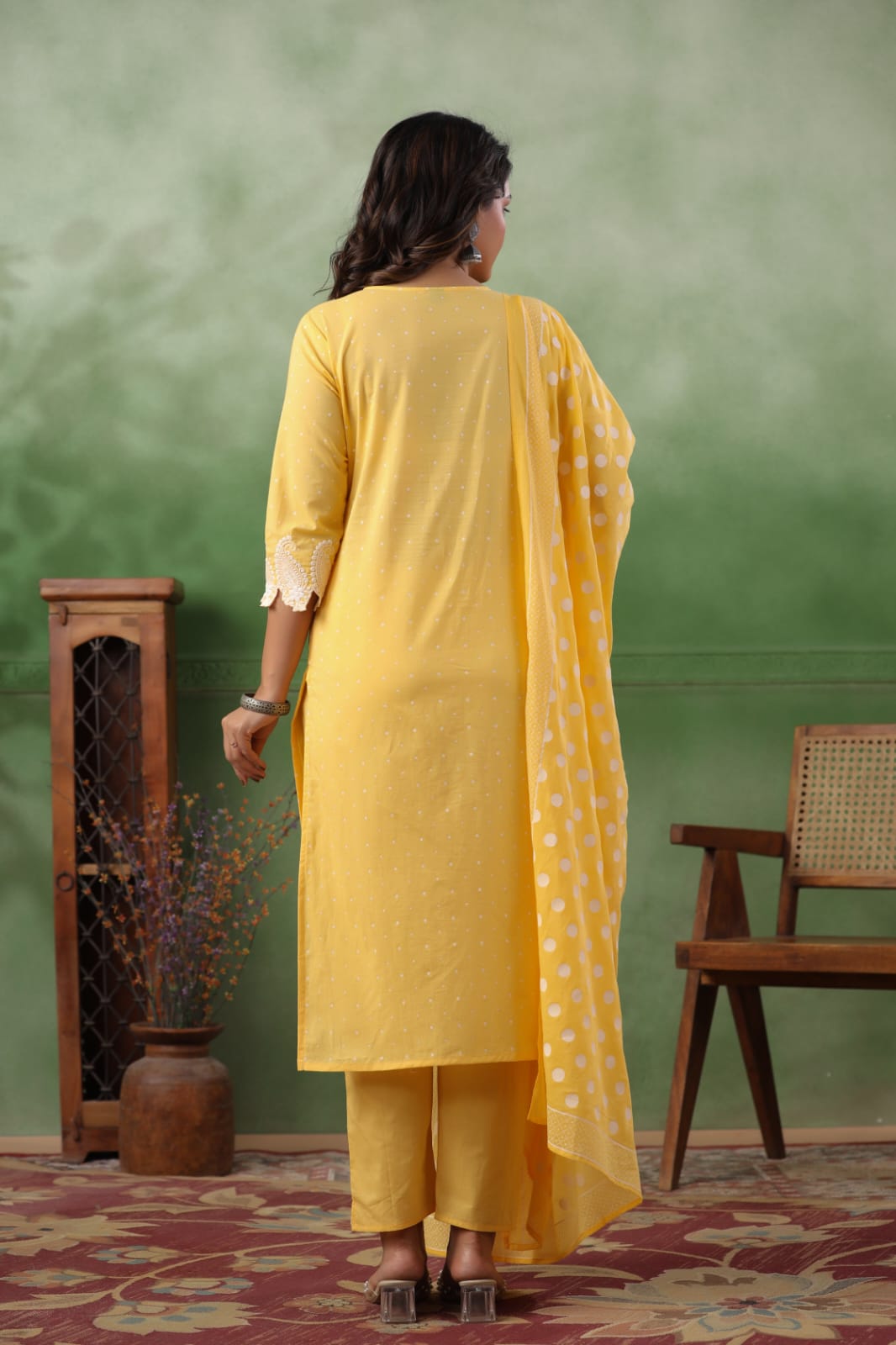 Sunshine Yellow Polka Embroidery Suit