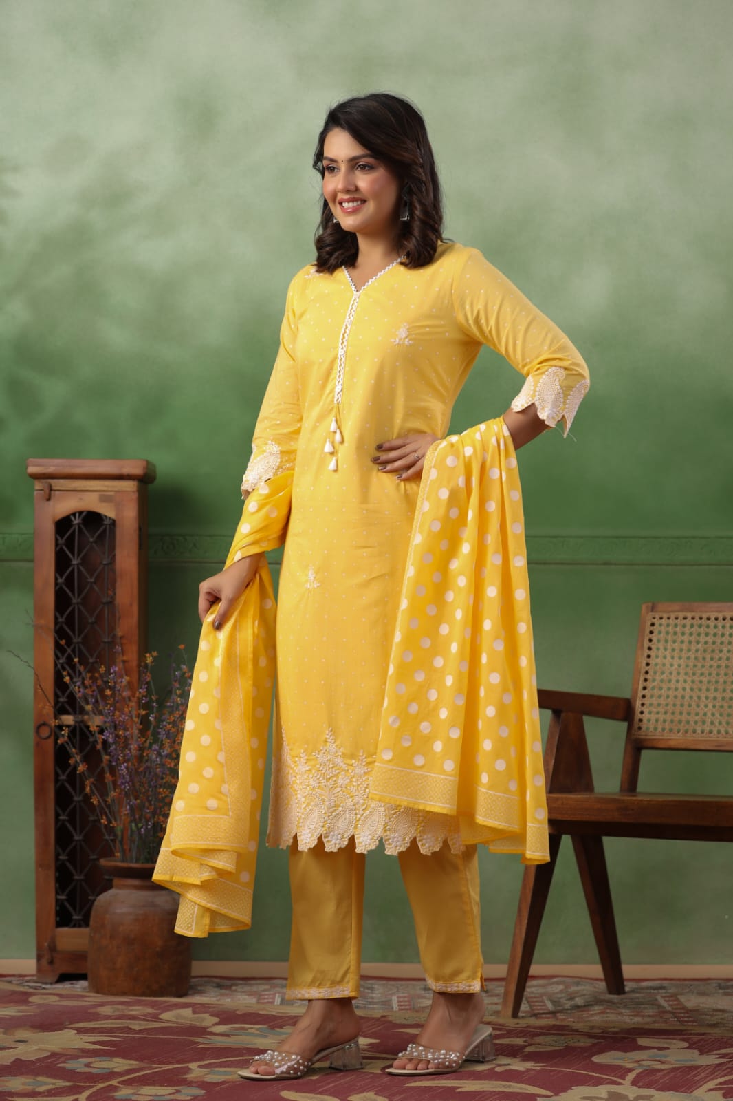 Sunshine Yellow Polka Embroidery Suit