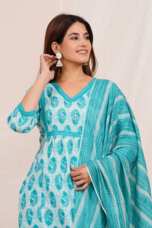 Teal Nayra Cut Cotton Embroidery Suit