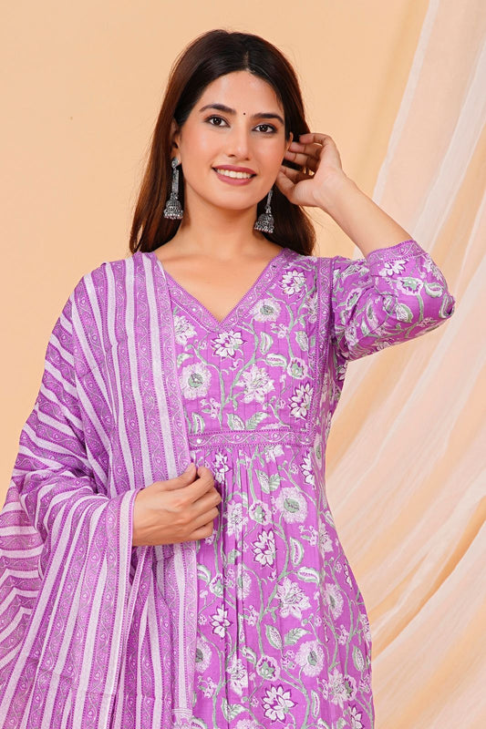 Purple Floral Nayra Cotton Embroidery Suit