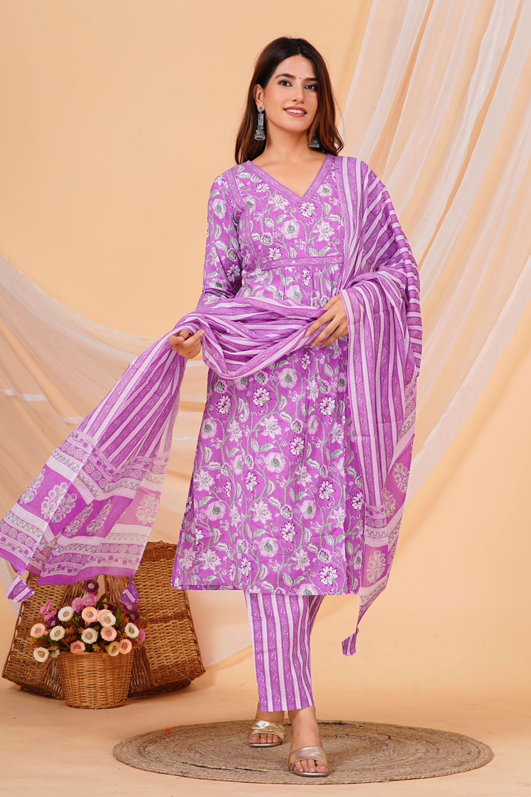 Purple Floral Nayra Cotton Embroidery Suit