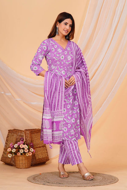 Purple Floral Nayra Cotton Embroidery Suit