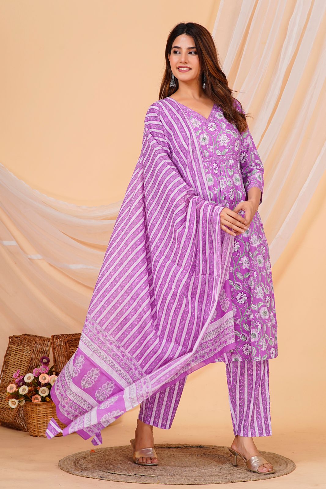 Purple Floral Nayra Cotton Embroidery Suit