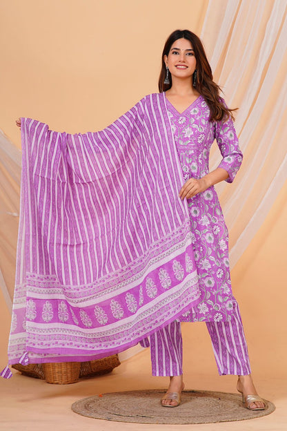 Purple Floral Nayra Cotton Embroidery Suit