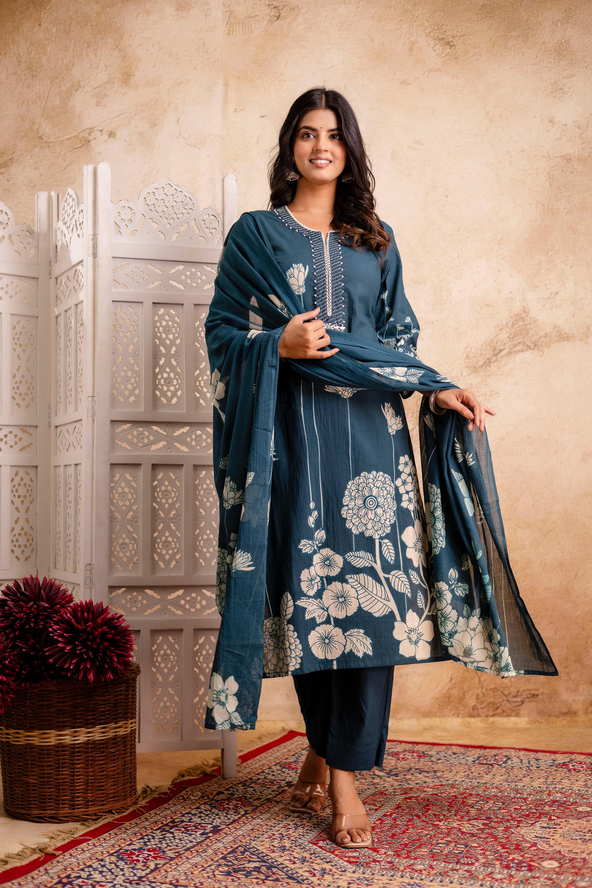 hand block printed kurta set with dupatta