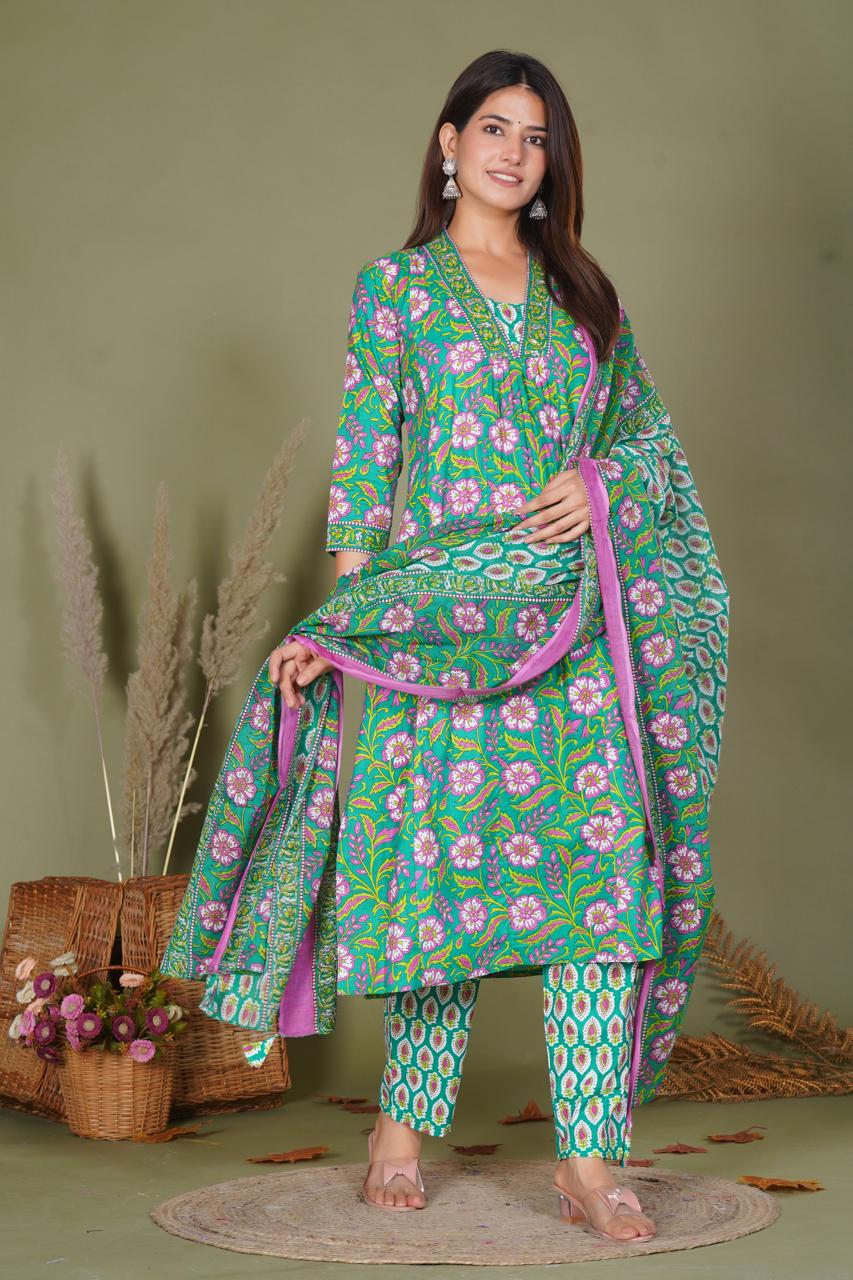 hand block printed kurta set with dupatta