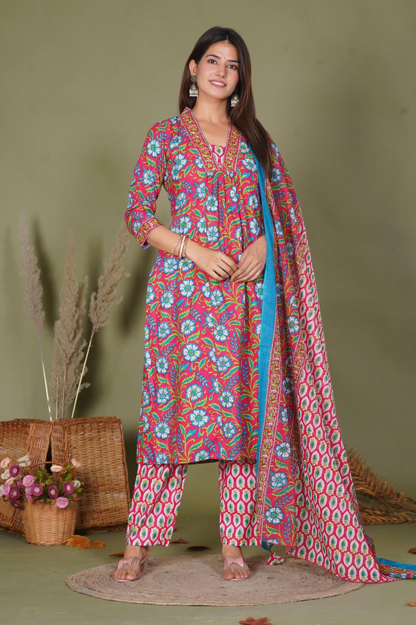 hand block printed kurta set with dupatta