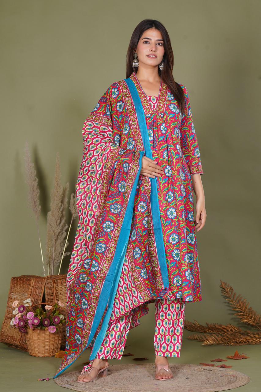 hand block printed kurta set with dupatta