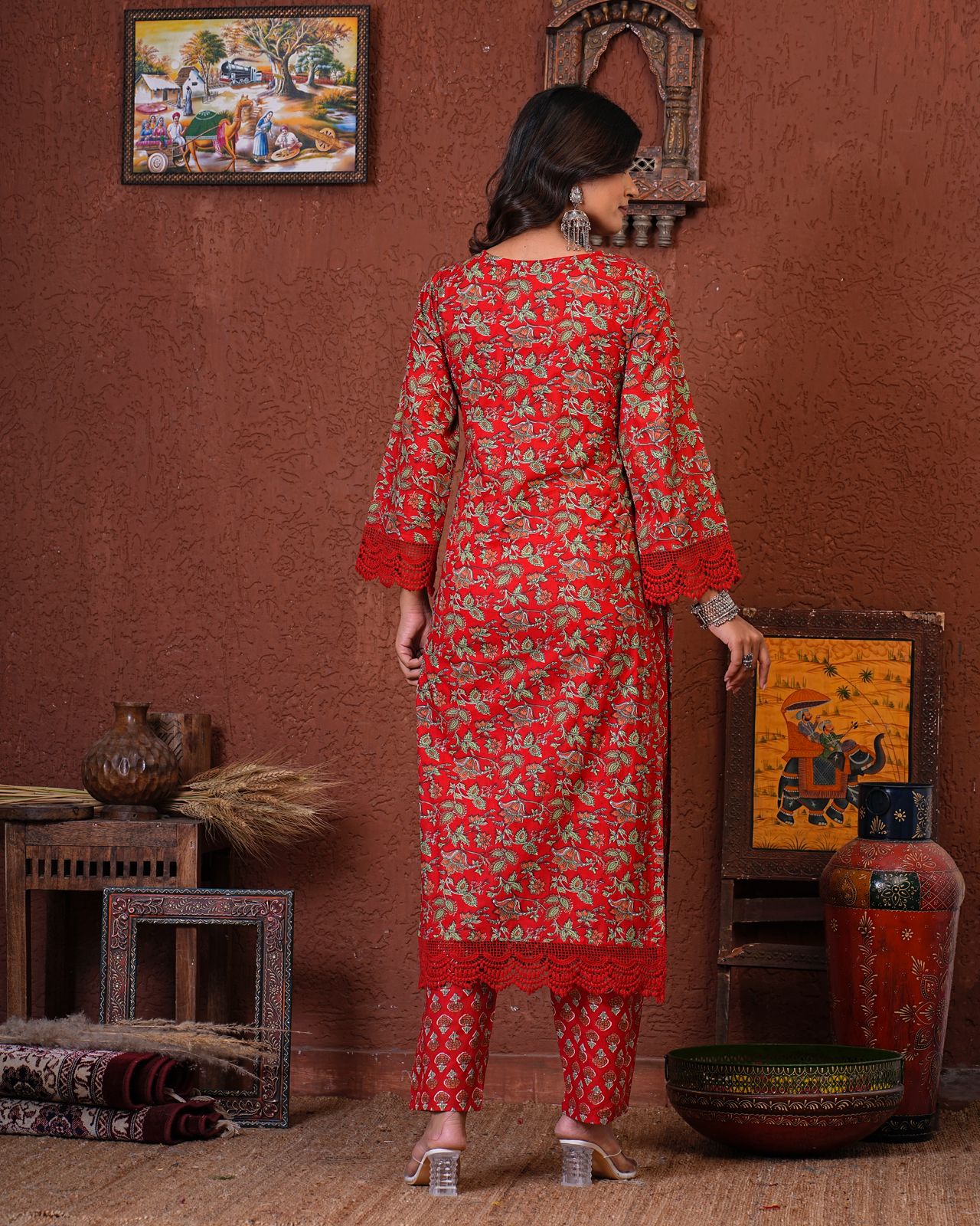 Scarlet Red Blossom Cotton Dupatta Suit