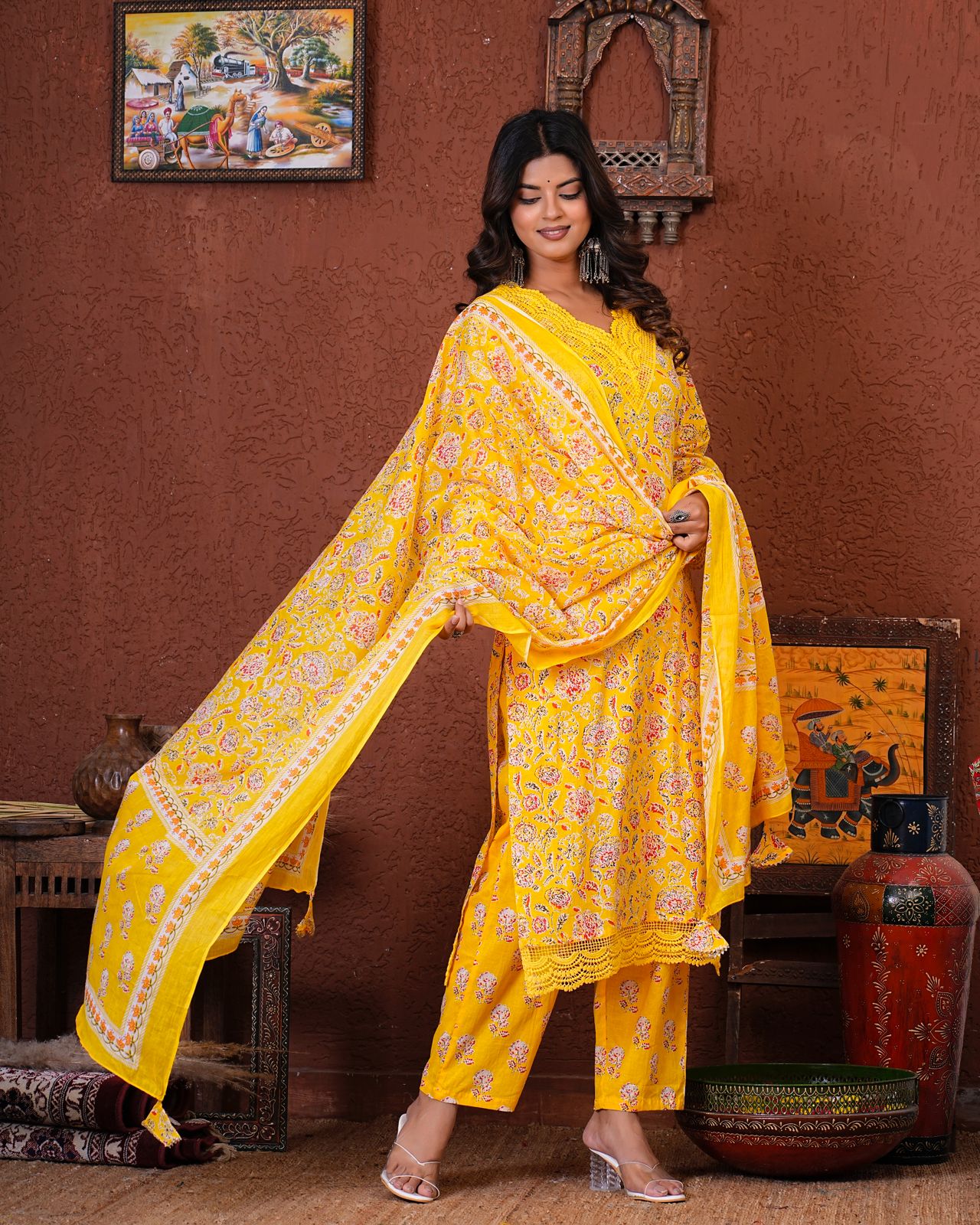 Yellow Meadow Floral Cotton Dupatta Suit