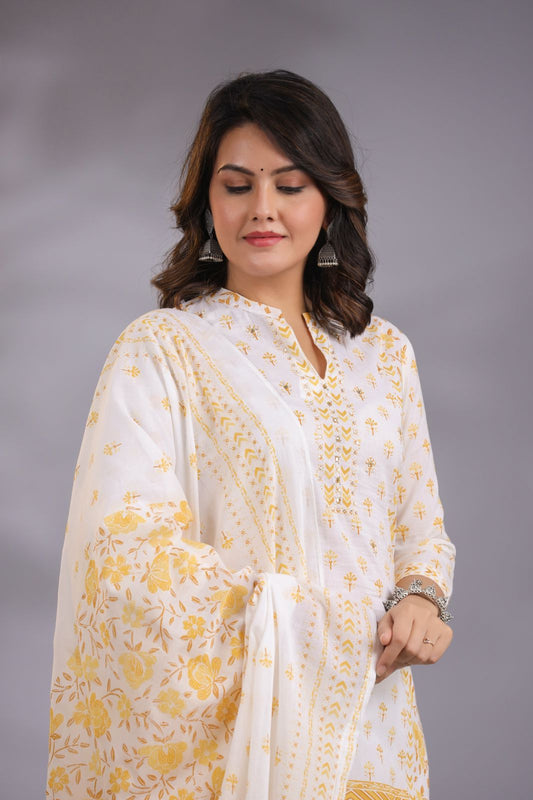 Yellow Petal Delight Cotton Embroidery Suit