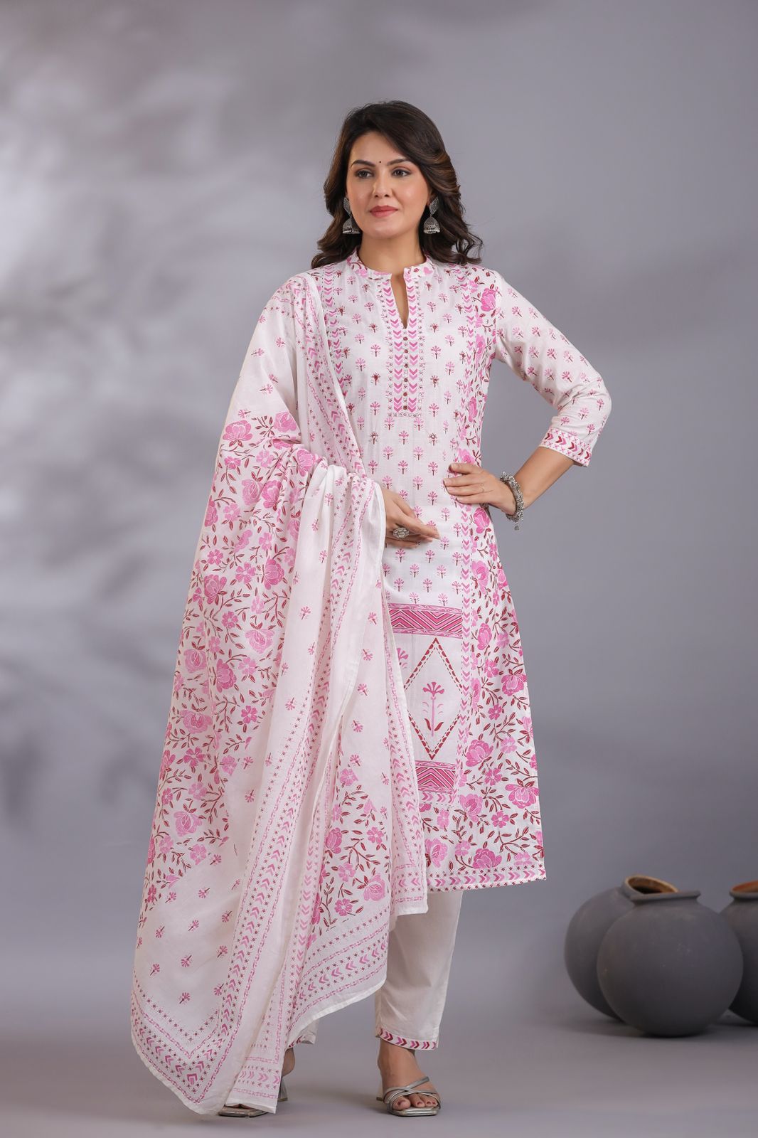 Pink Petal Delight Cotton Embroidery Suit