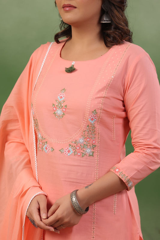 Peach Whisper Thread Work Embroidery Suit