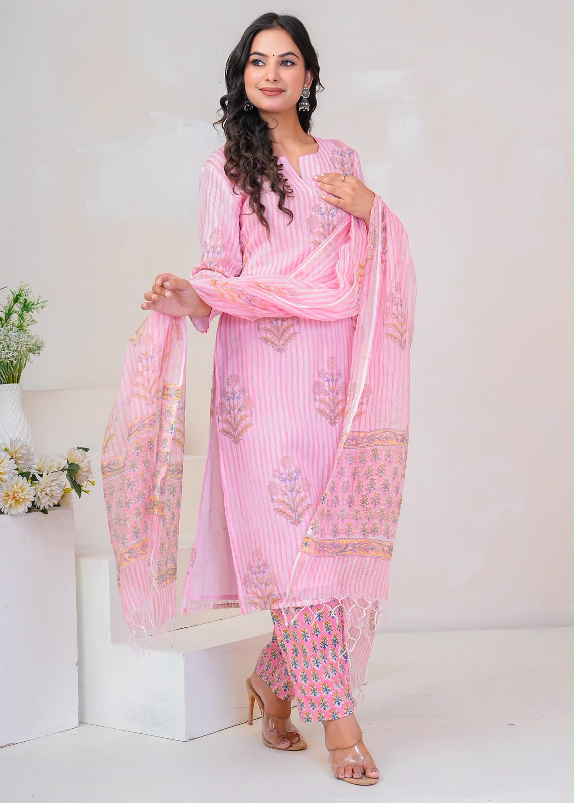 Pink Boota Stripe Kota Doriya Suit