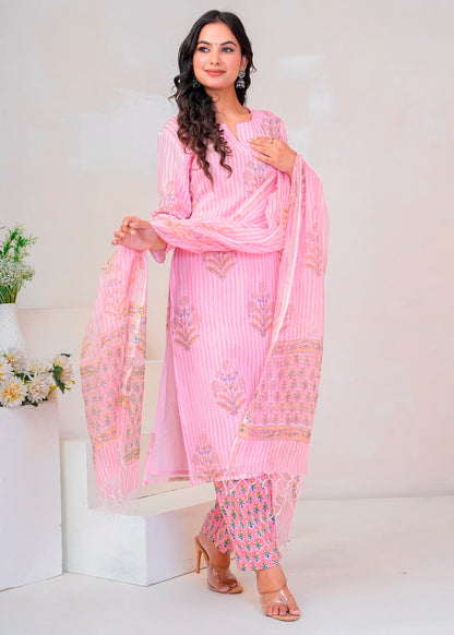 Pink Boota Stripe Kota Doriya Suit