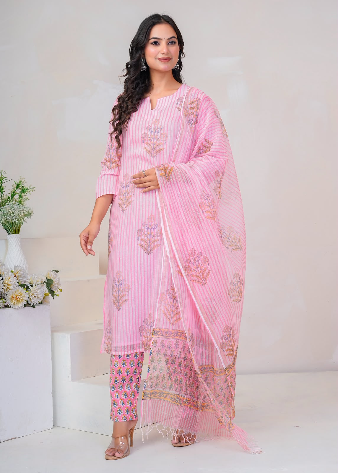 Pink Boota Stripe Kota Doriya Suit
