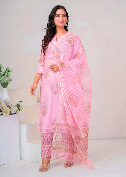 Pink Boota Stripe Kota Doriya Suit