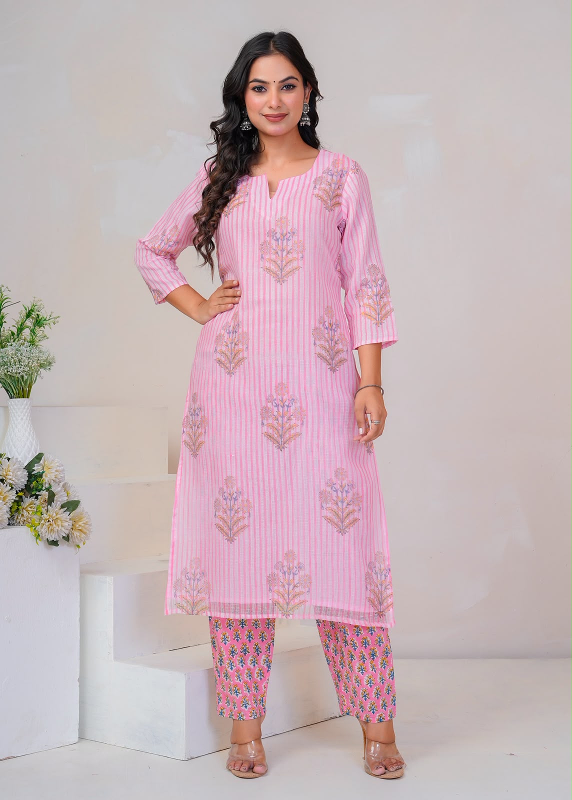 Pink Boota Stripe Kota Doriya Suit