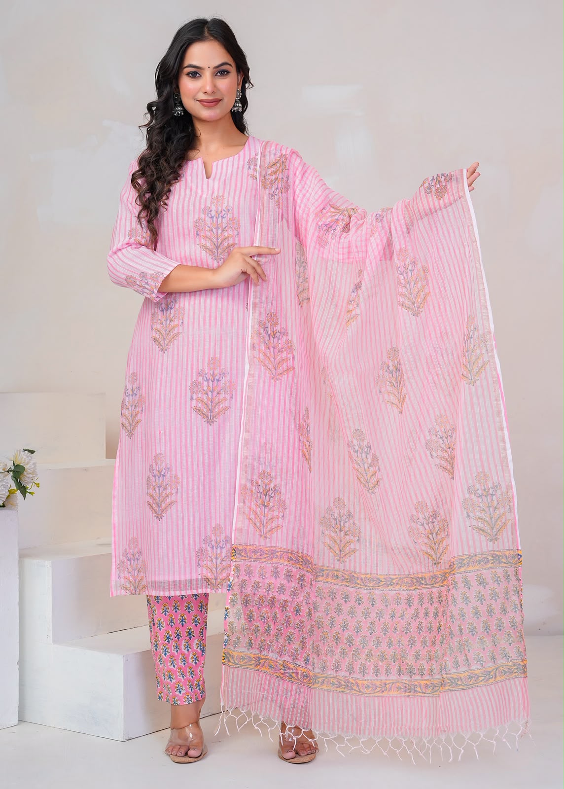 Pink Boota Stripe Kota Doriya Suit