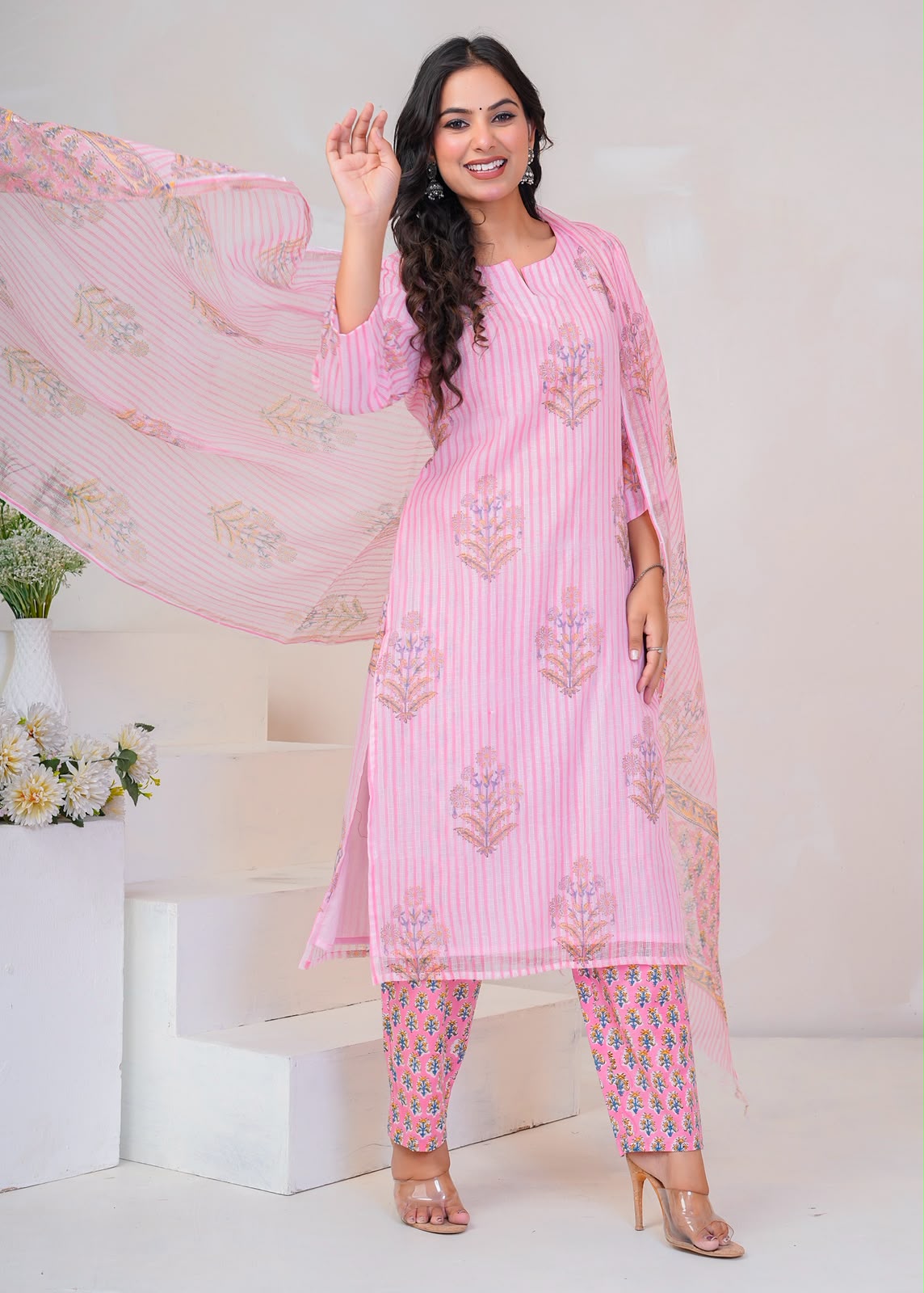 Pink Boota Stripe Kota Doriya Suit