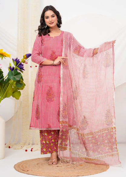 Red Boota Stripes Kota Doriya Suit