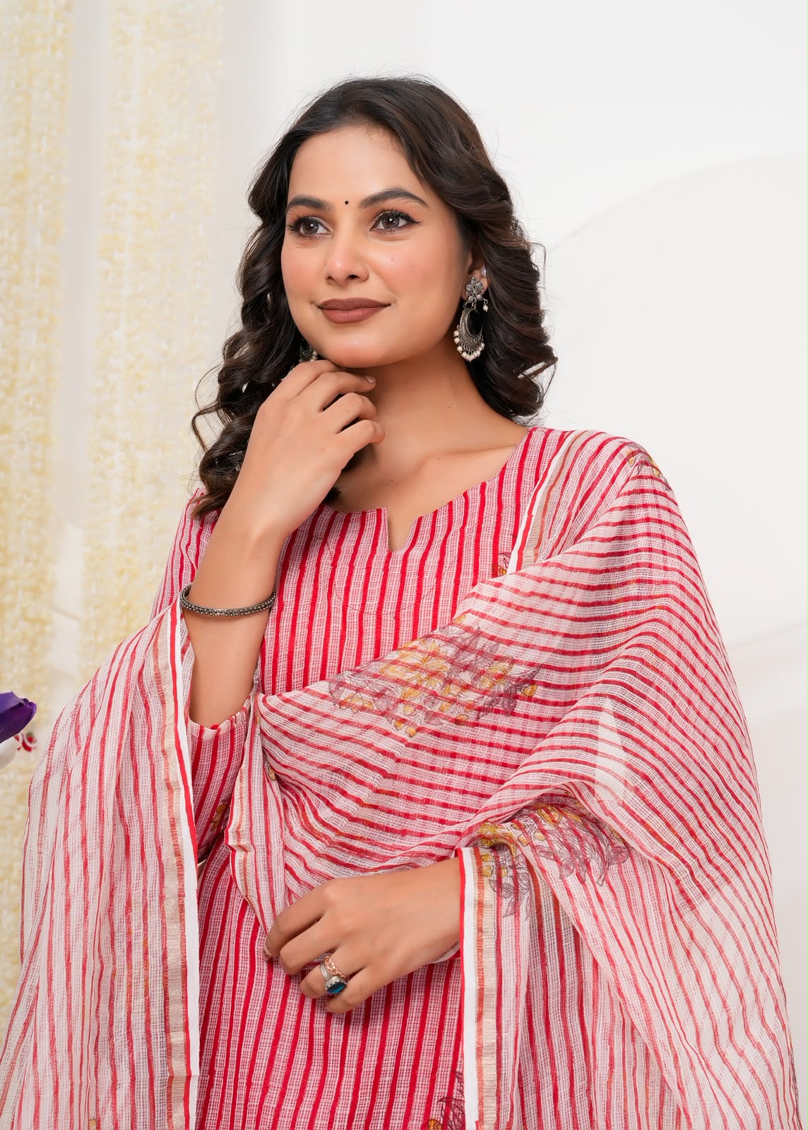 Red Boota Stripes Kota Doriya Suit