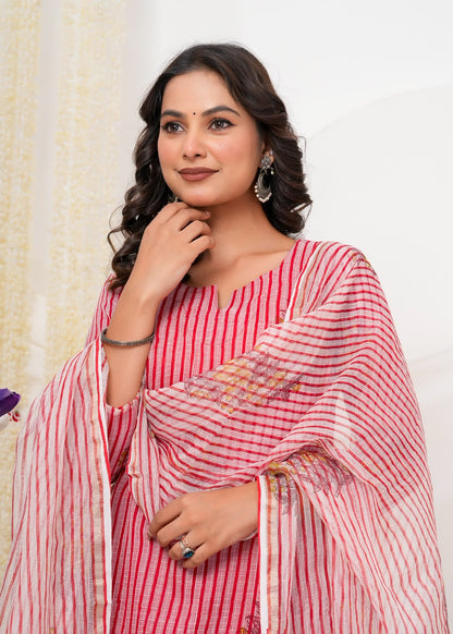 Red Boota Stripes Kota Doriya Suit