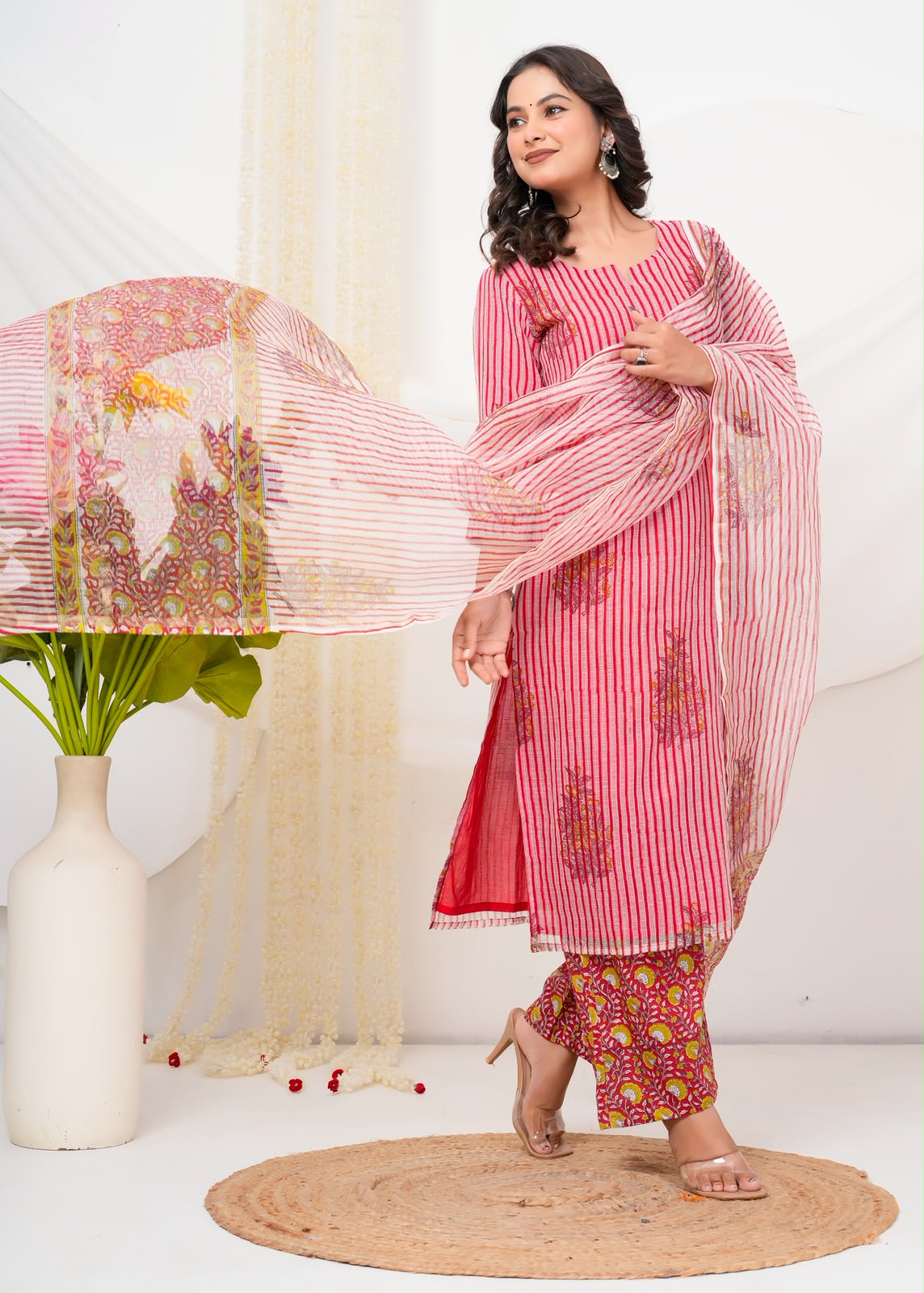 Red Boota Stripes Kota Doriya Suit