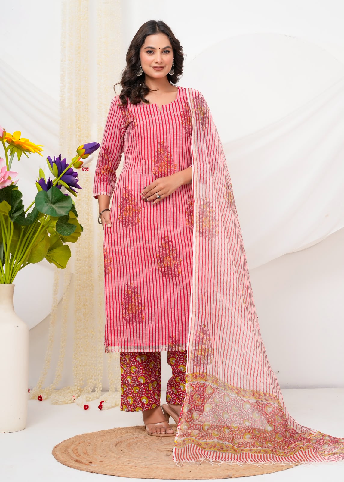 Red Boota Stripes Kota Doriya Suit