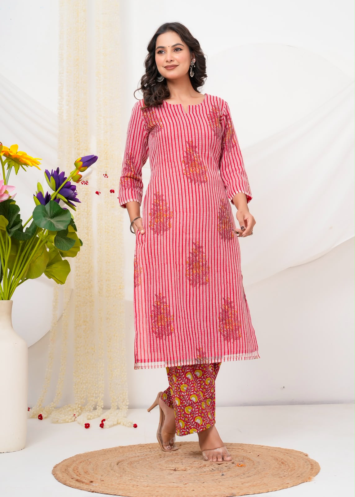 Red Boota Stripes Kota Doriya Suit