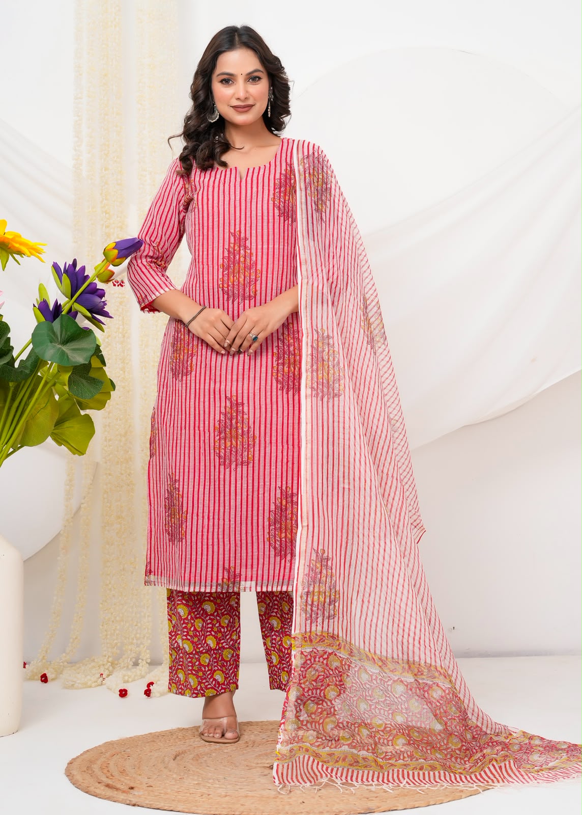 Red Boota Stripes Kota Doriya Suit