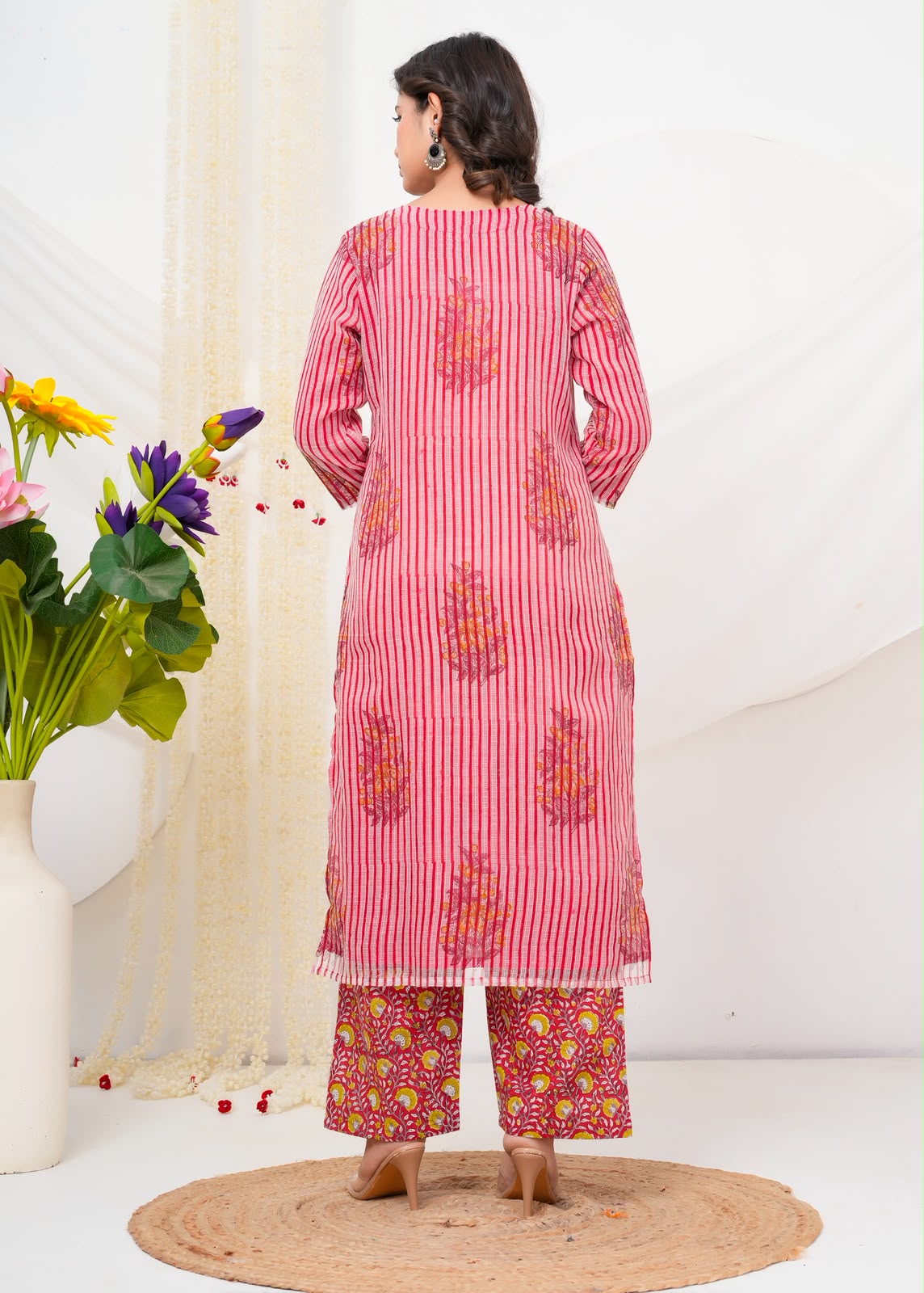 Red Boota Stripes Kota Doriya Suit