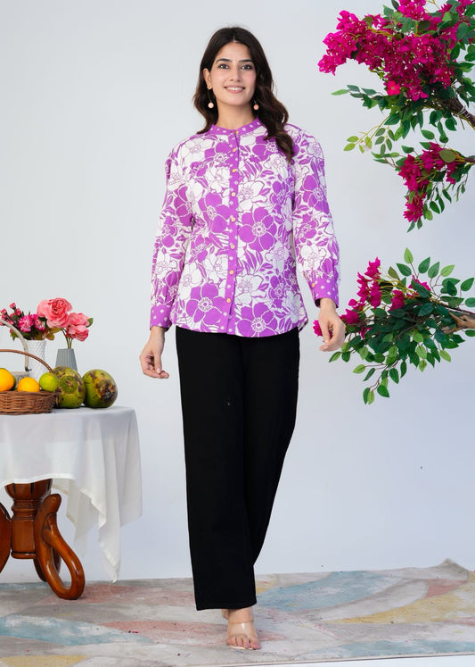 Purple Blooms Cotton Fusion Shirt
