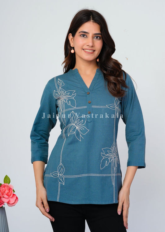 Teal Bud Embroidery Cotton Linen Top