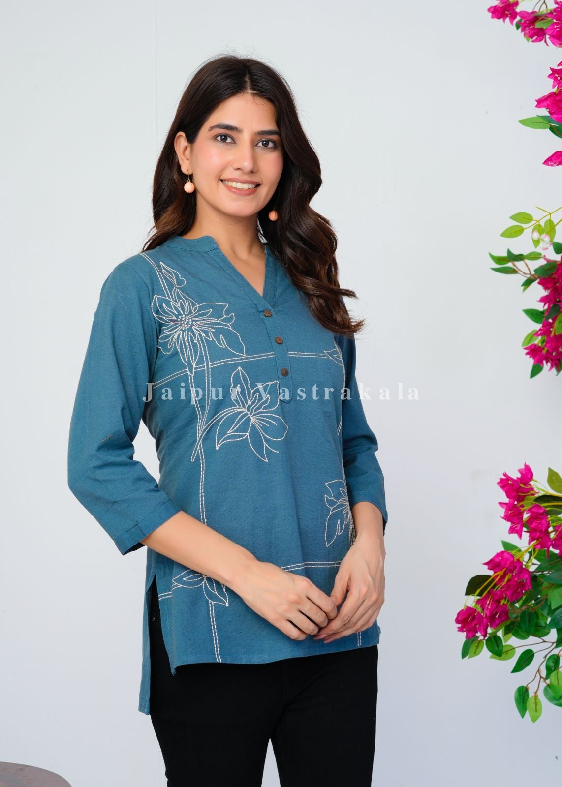 Teal Bud Embroidery Cotton Linen Top