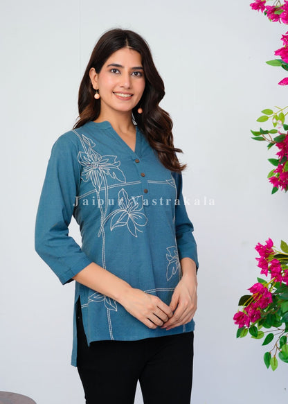 Teal Bud Embroidery Cotton Linen Top
