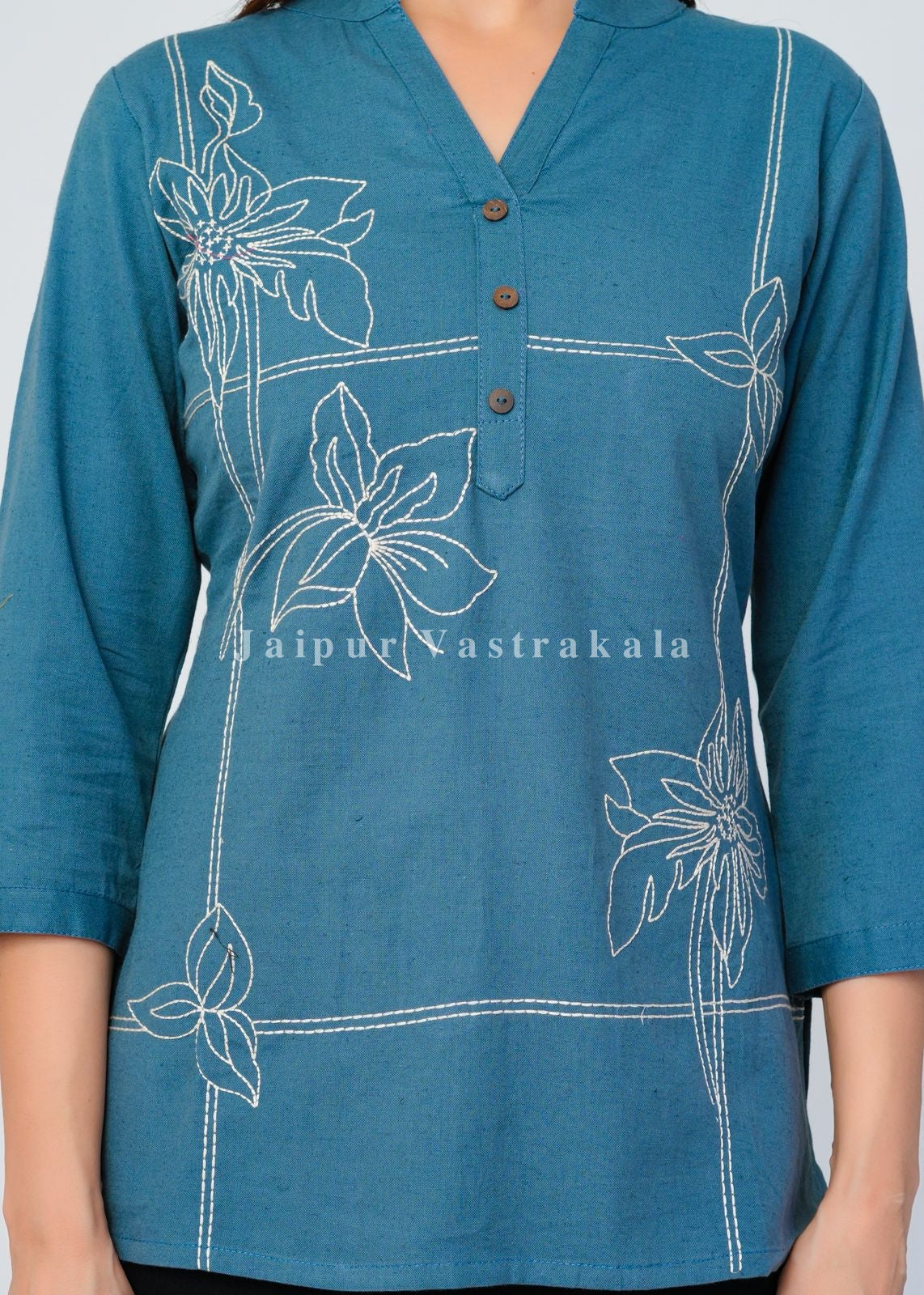 Teal Bud Embroidery Cotton Linen Top