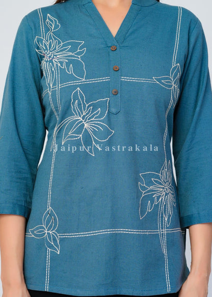 Teal Bud Embroidery Cotton Linen Top