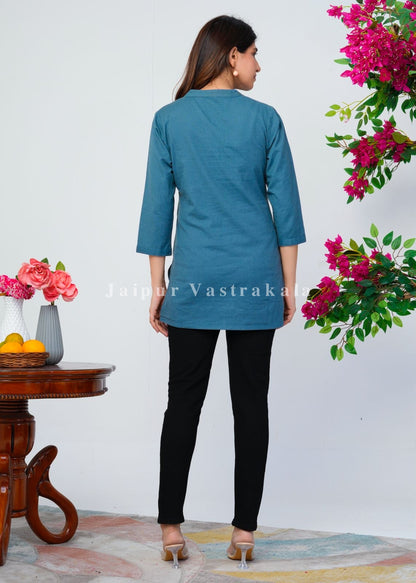 Teal Bud Embroidery Cotton Linen Top