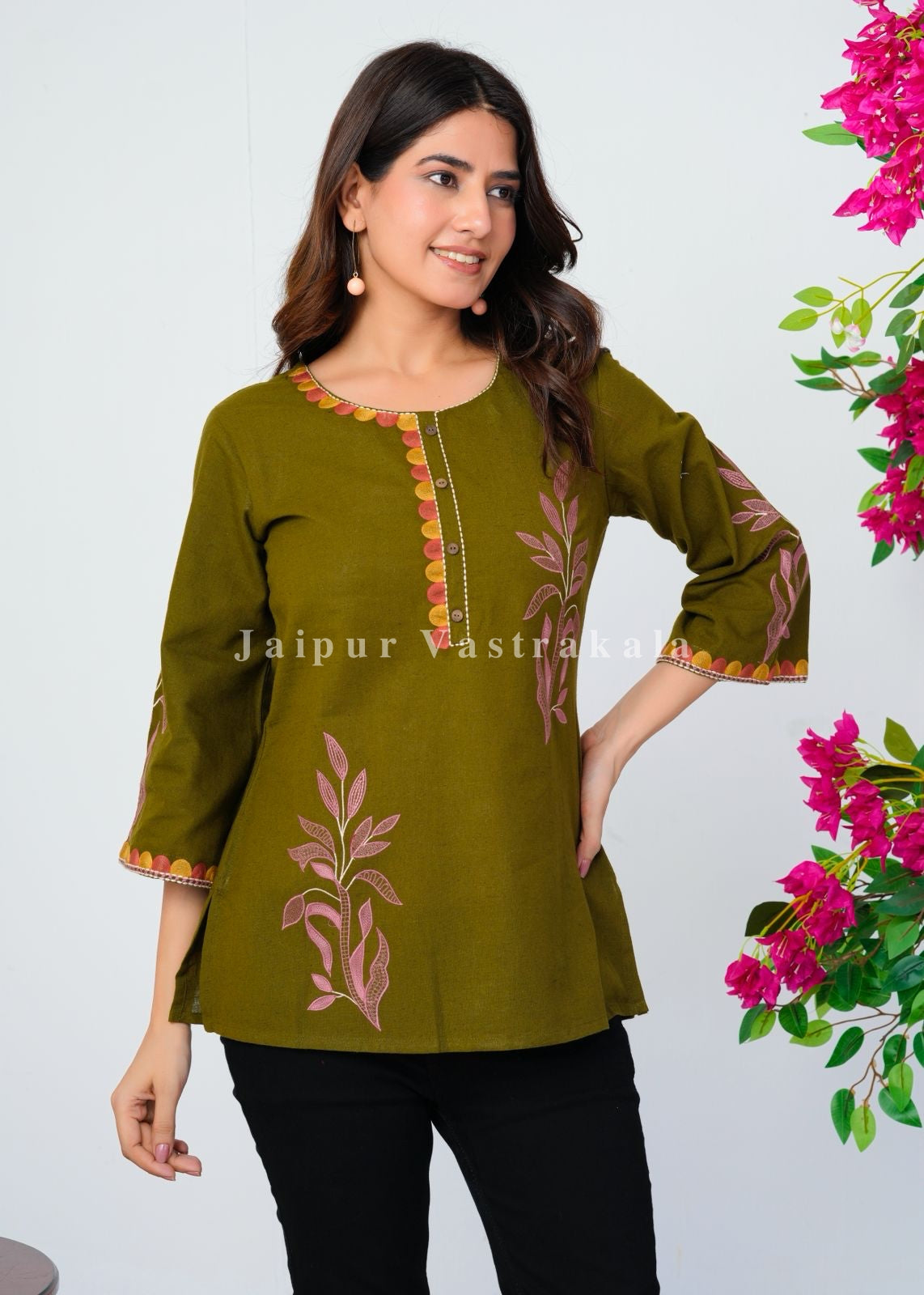 Green Fern Embroidery Cotton Linen Top