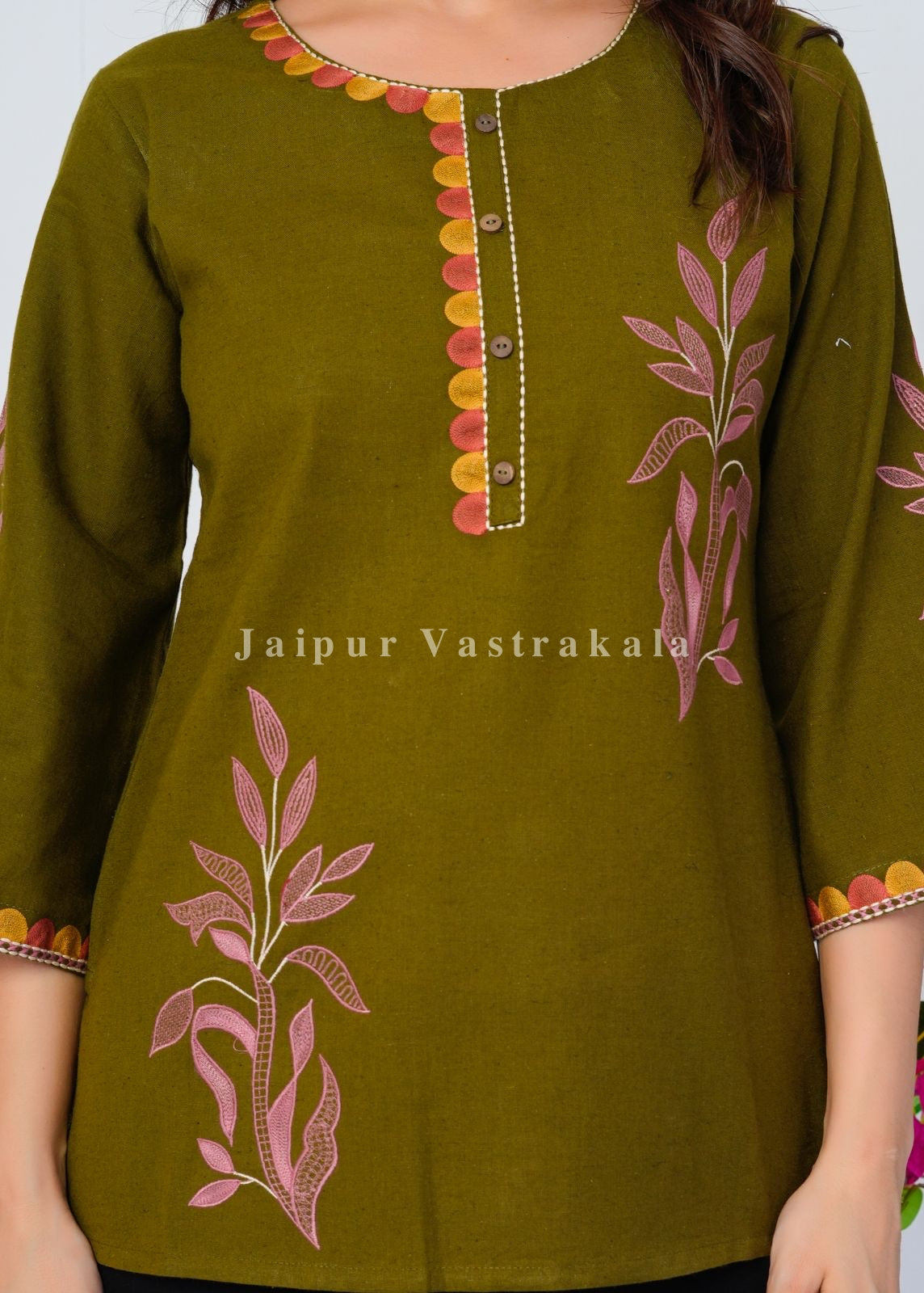 Green Fern Embroidery Cotton Linen Top