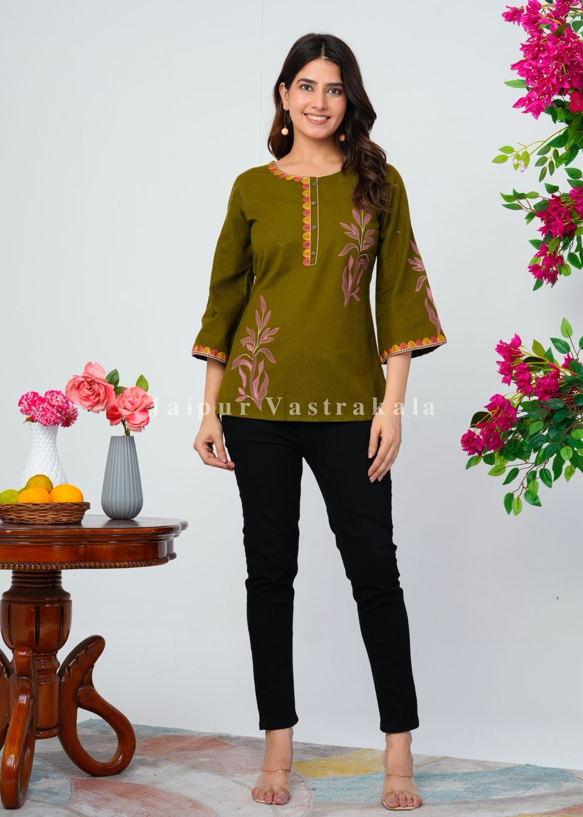 Green Fern Embroidery Cotton Linen Top