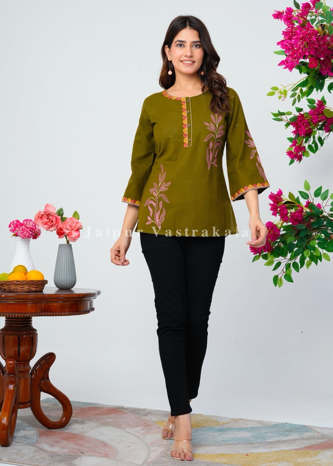 Green Fern Embroidery Cotton Linen Top
