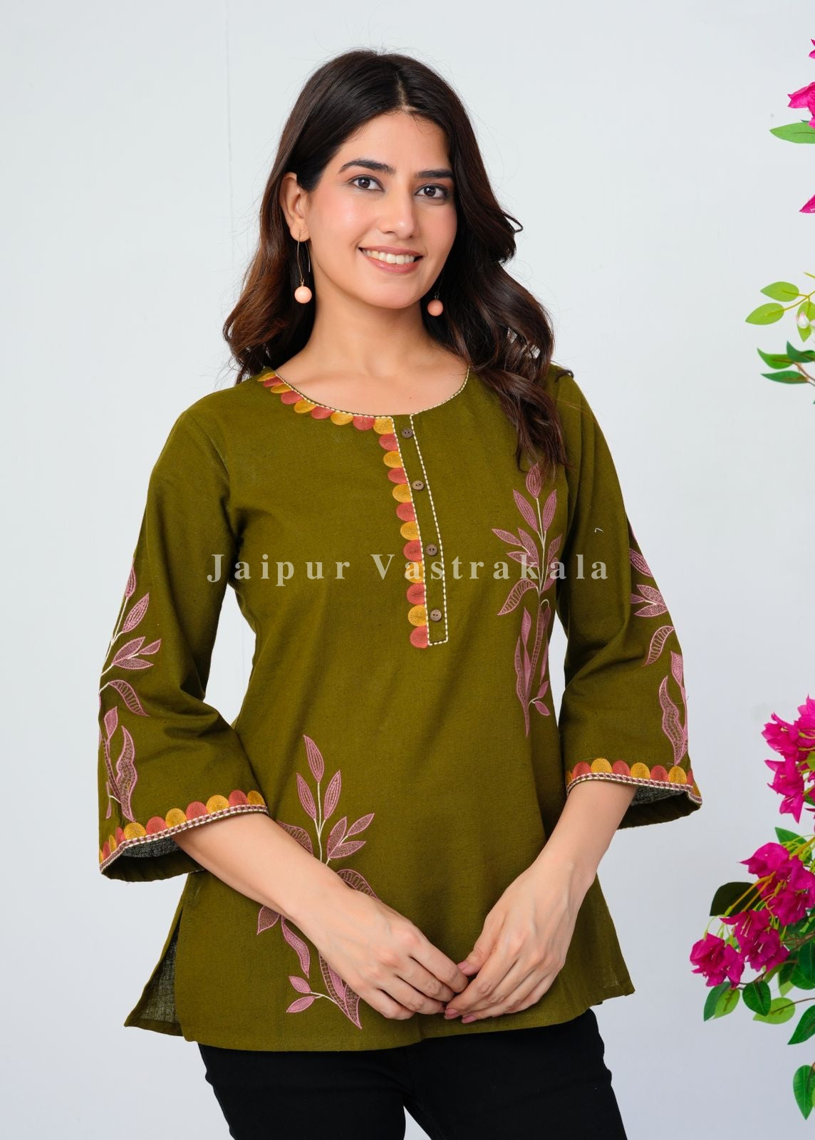 Green Fern Embroidery Cotton Linen Top