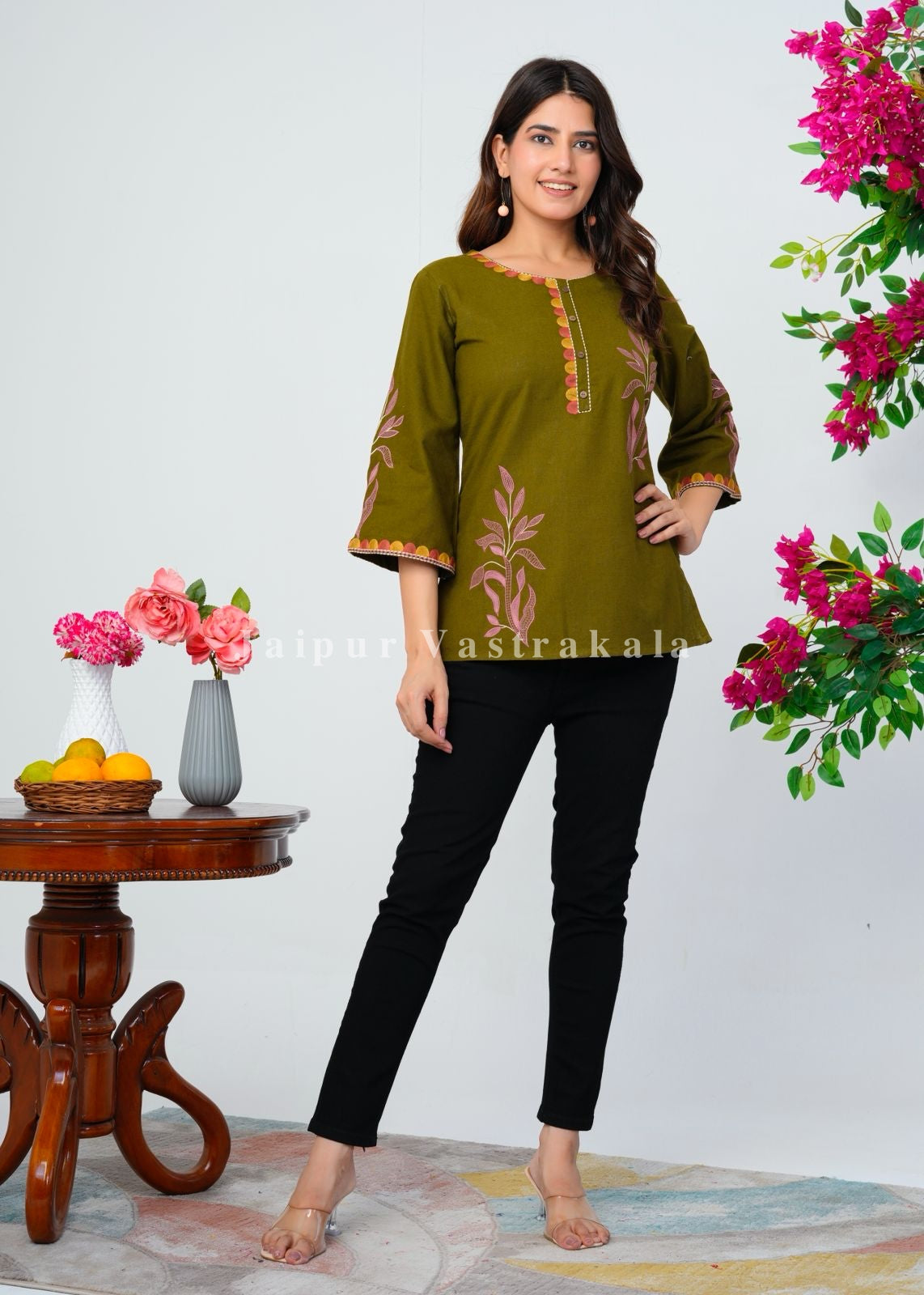 Green Fern Embroidery Cotton Linen Top