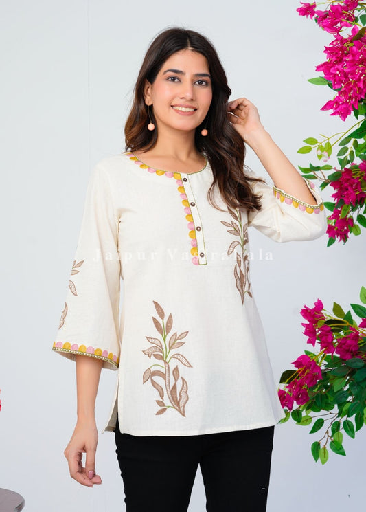 White Fern Embroidery Cotton Linen Top