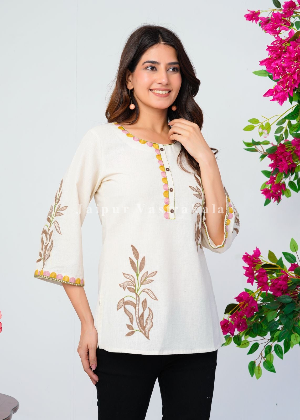 White Fern Embroidery Cotton Linen Top