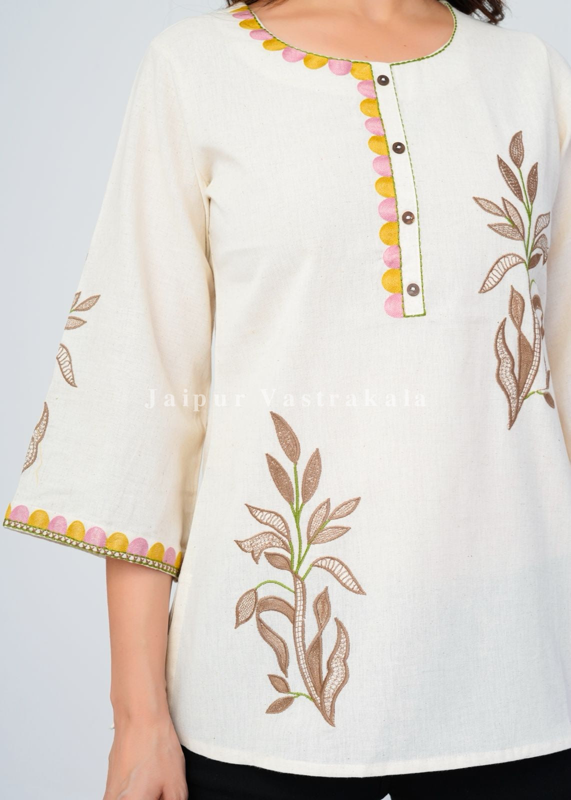 White Fern Embroidery Cotton Linen Top
