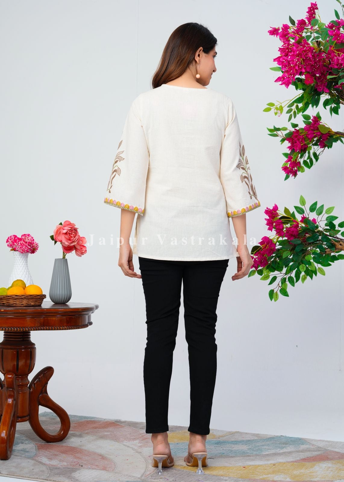 White Fern Embroidery Cotton Linen Top