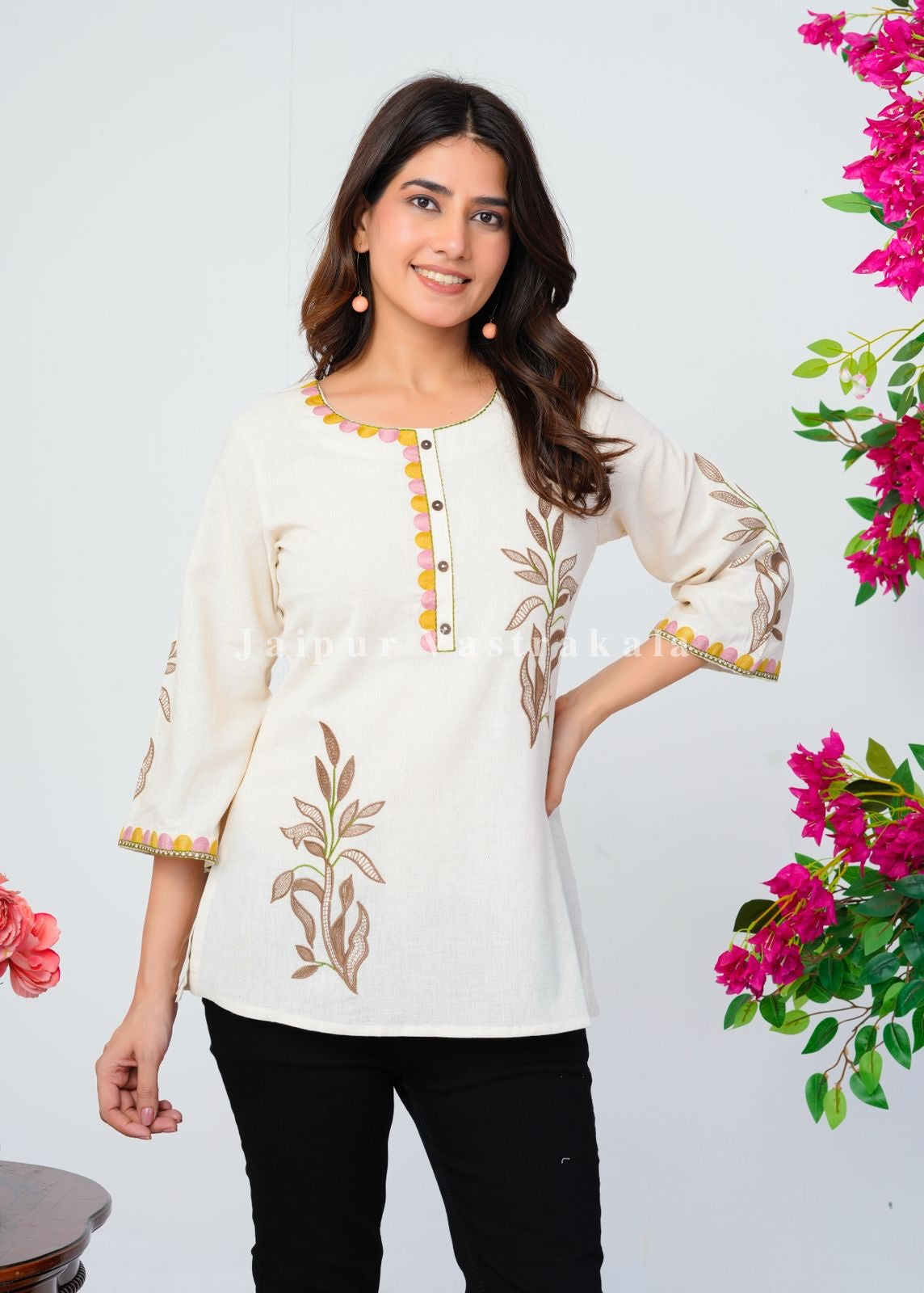 White Fern Embroidery Cotton Linen Top